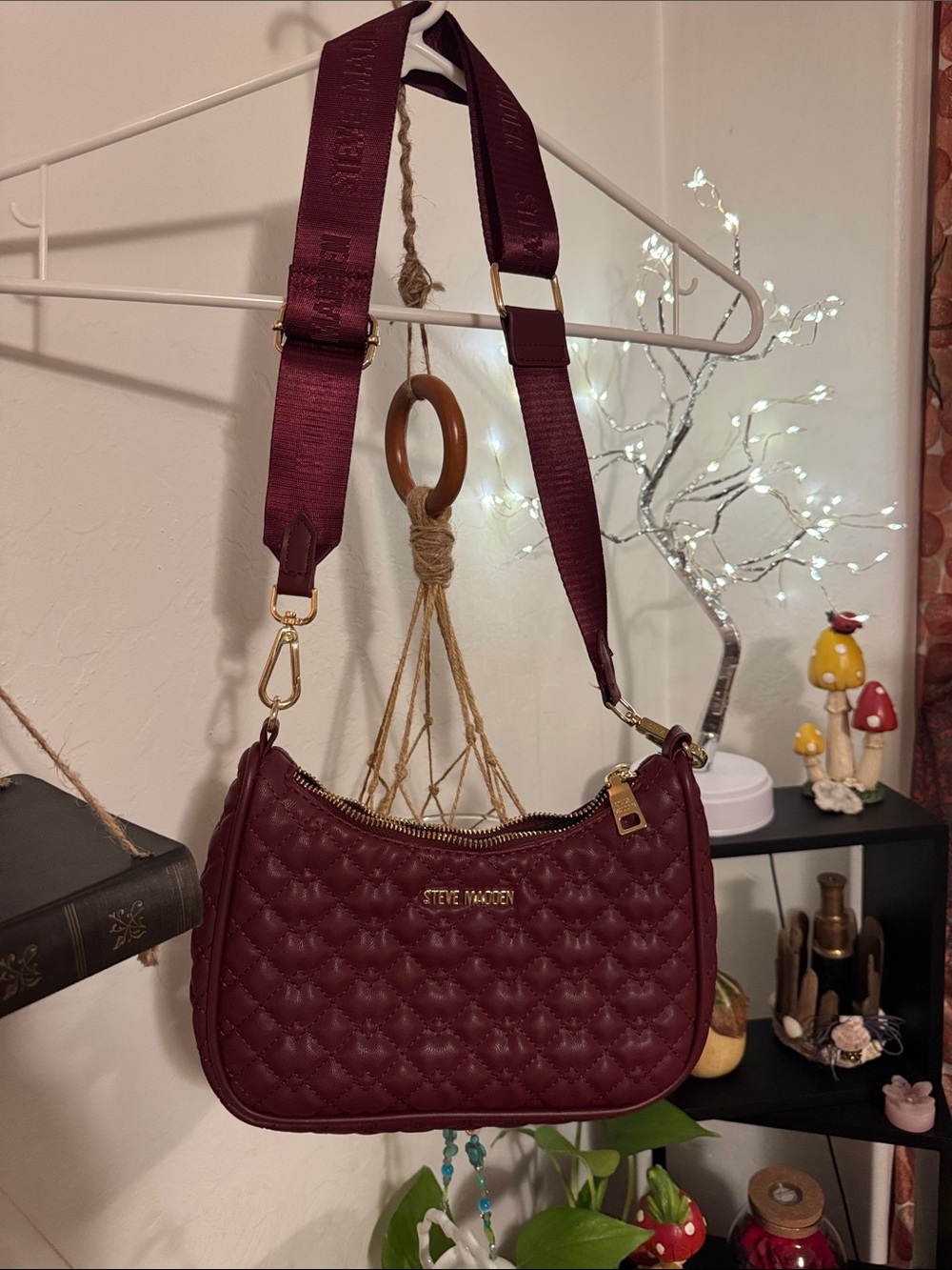 Steve Madden Quilted Wine Shoulder Bag with Wide Strap